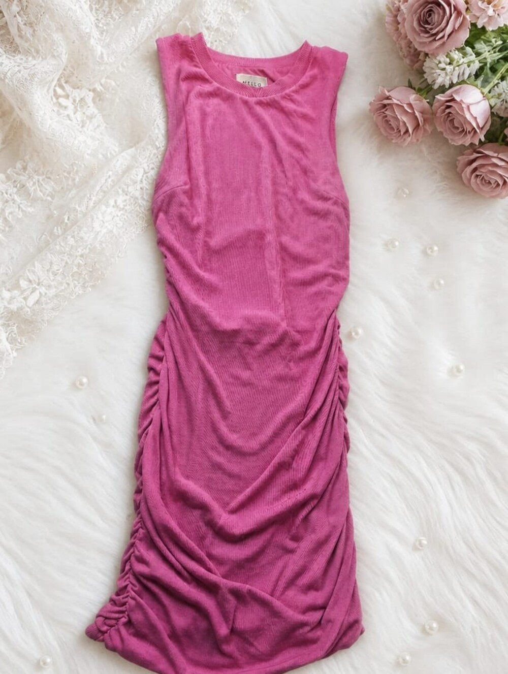 Sleeveless Ruched Bodycon Dress in Magenta